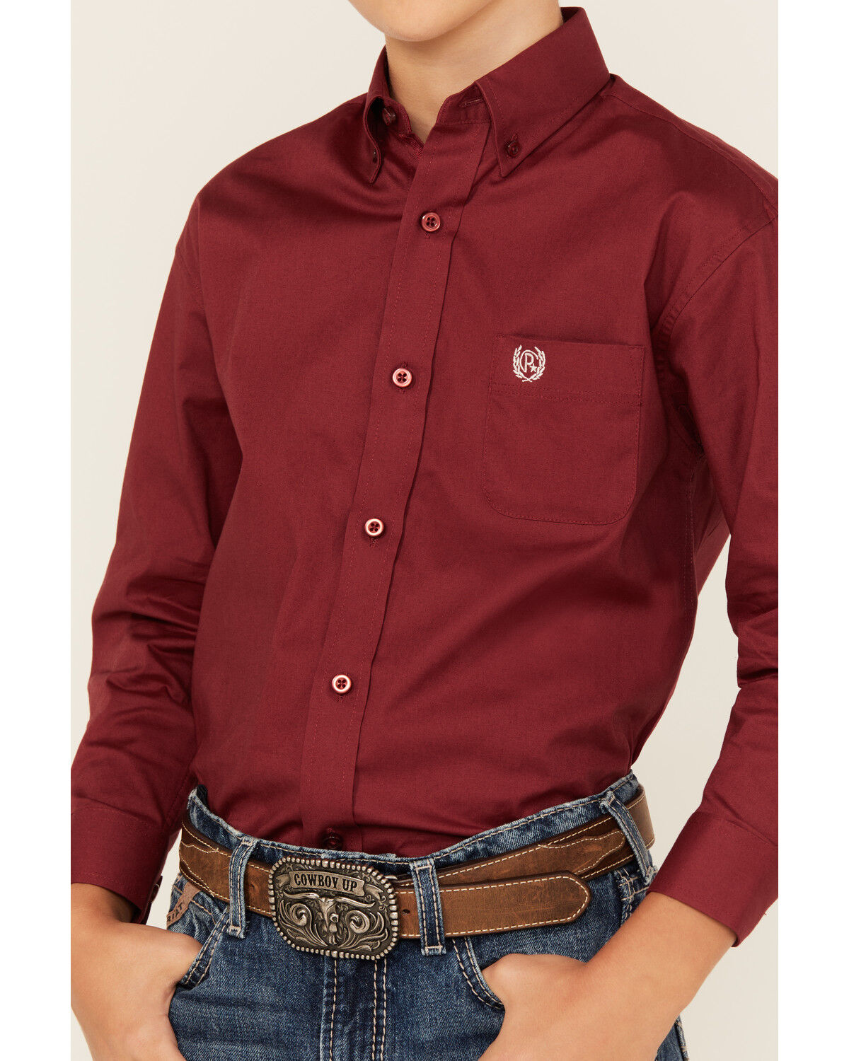 Image #3 - Panhandle Select Boys' Solid Long Sleeve Button-Down Stretch Western Shirt, Burgundy, hi-res