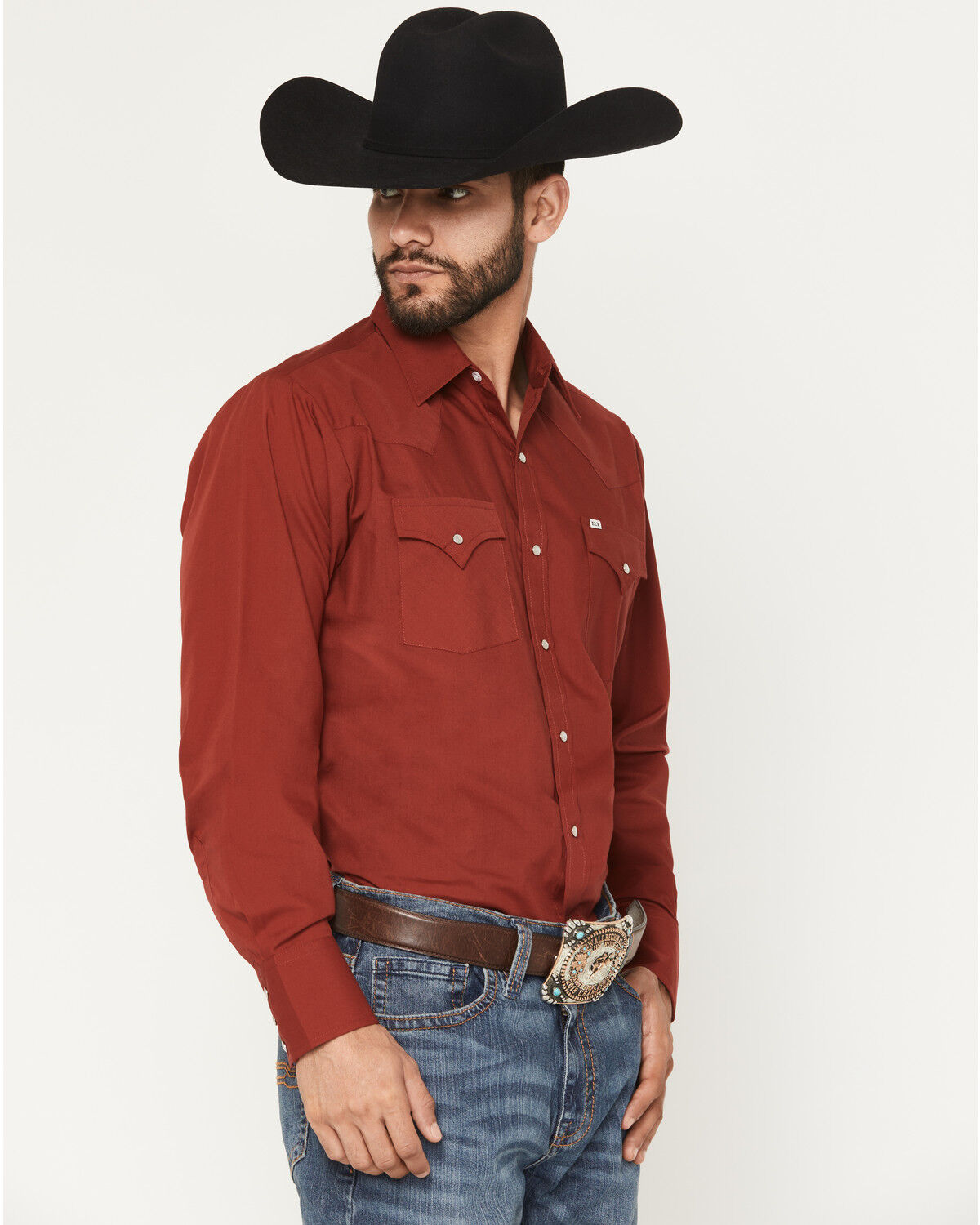 Image #2 - Ely Walker Men's Solid Long Sleeve Snap Stretch Western Shirt, Red, hi-res