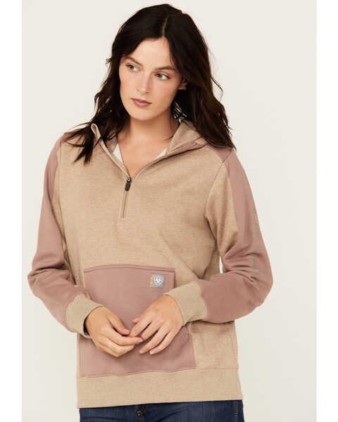 Image #2 - Ariat Women's Rebar Oversized 1/2 Zip Hooded Pullover , Beige, hi-res