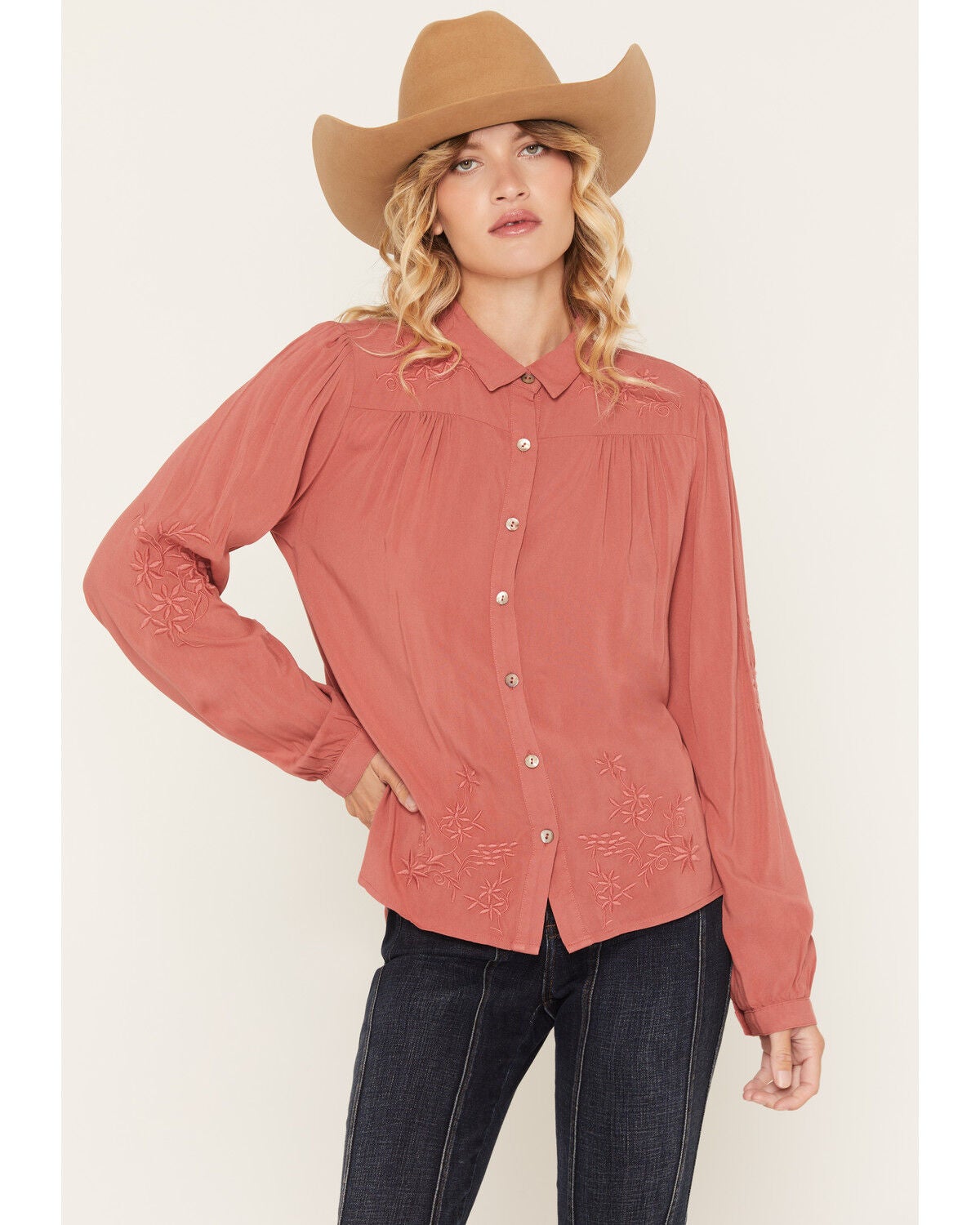 Image #1 - Lovestitch Women's Tonal Floral Embroidered Long Sleeve Button-Down Shirt, Rose, hi-res