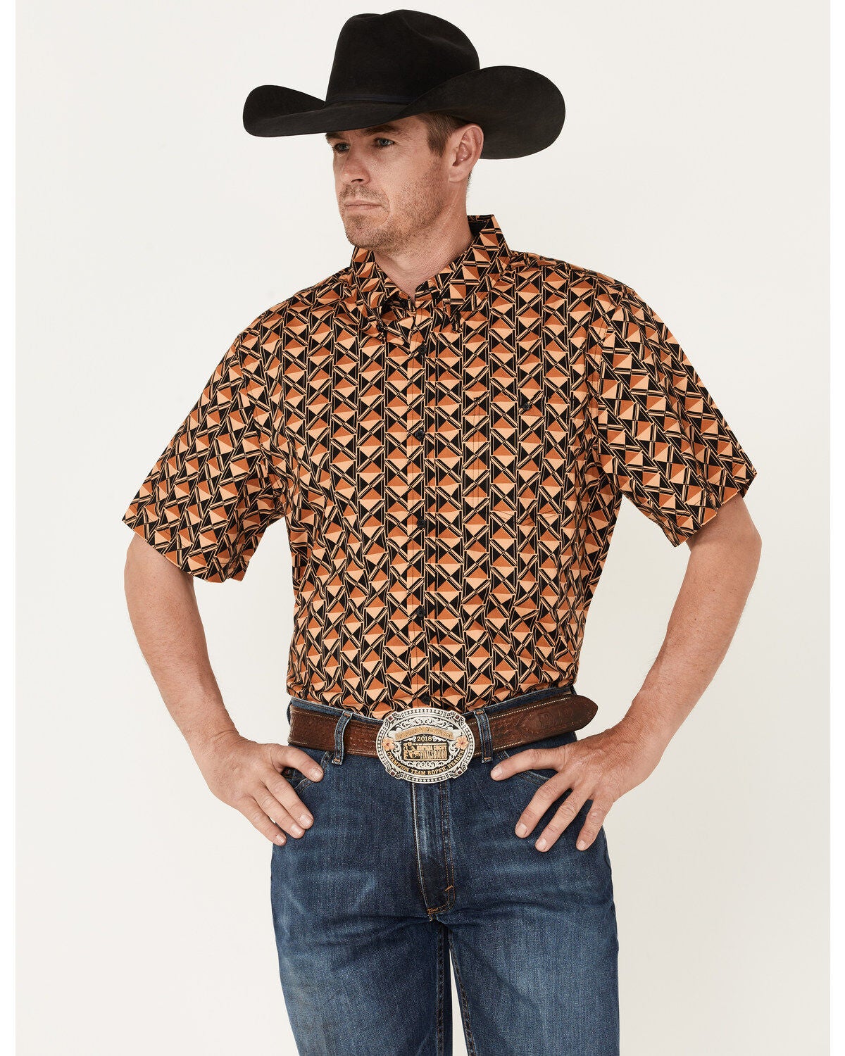 RANK 45&reg; Men's Chisel Geo Print Short Sleeve Button-Down Western Shirt, Brown, hi-res