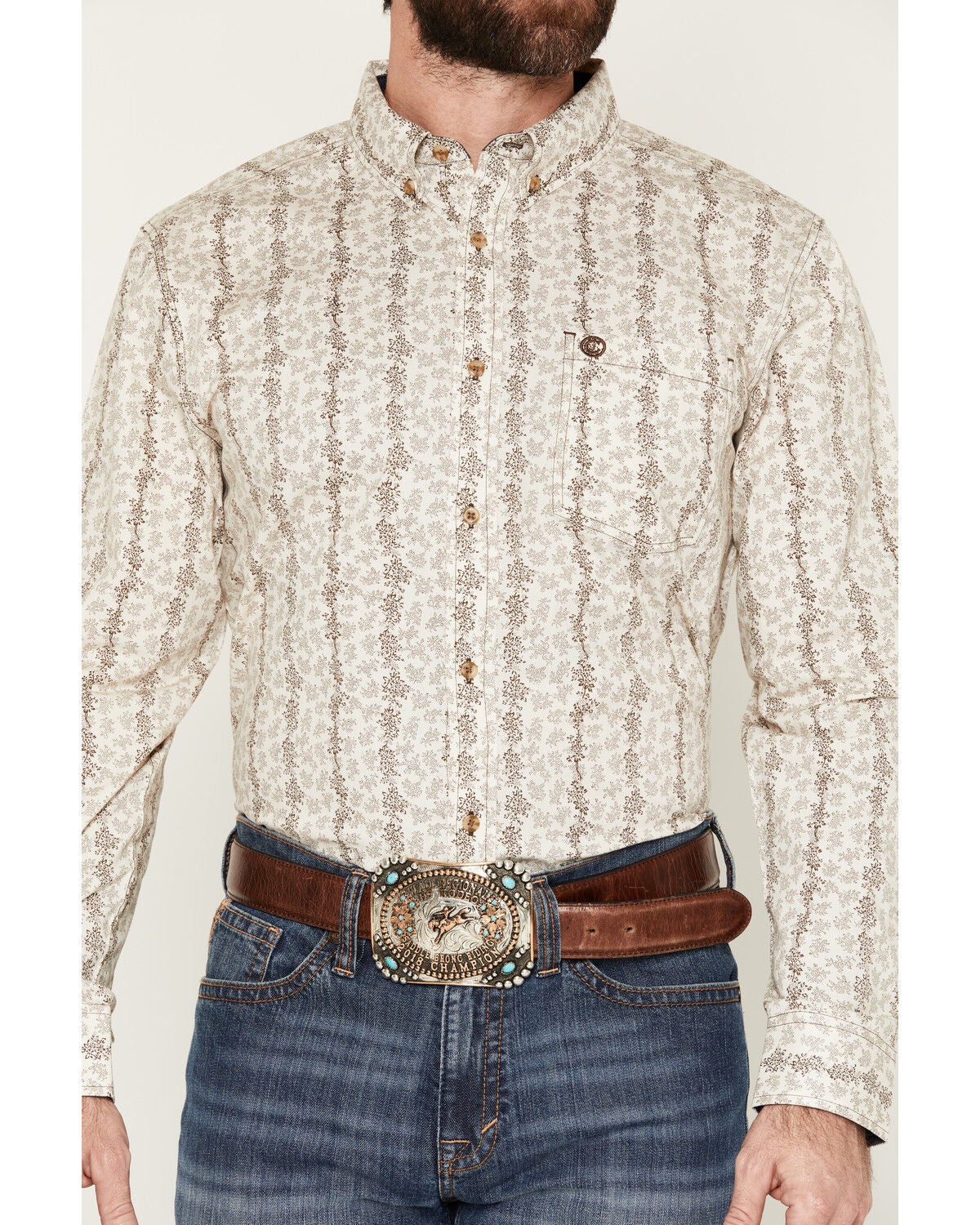 Image #3 - Cody James Men's Hickory Floral Stripe Print Long Sleeve Button-Down Stretch Western Shirt, Tan, hi-res