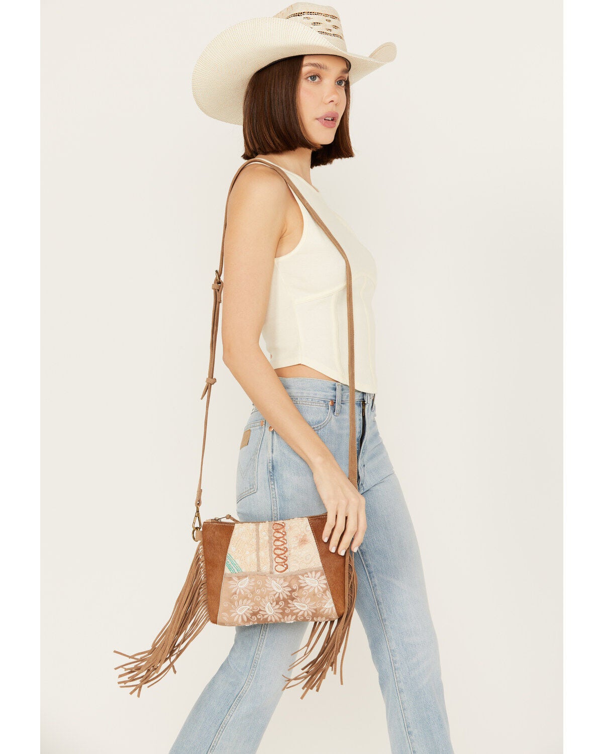 Shyanne Women's Boho Patched Crossbody Bag, Tan, hi-res