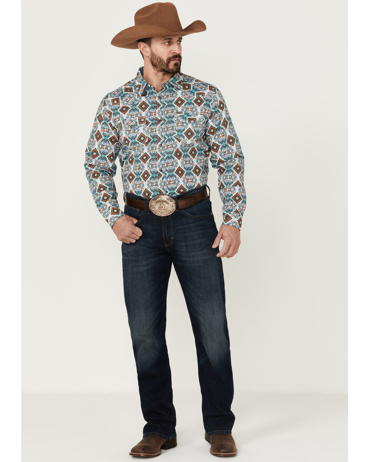 Image #2 - Cody James Men's Great Plains Southwestern Print Long Sleeve Snap Western Shirt, Turquoise, hi-res