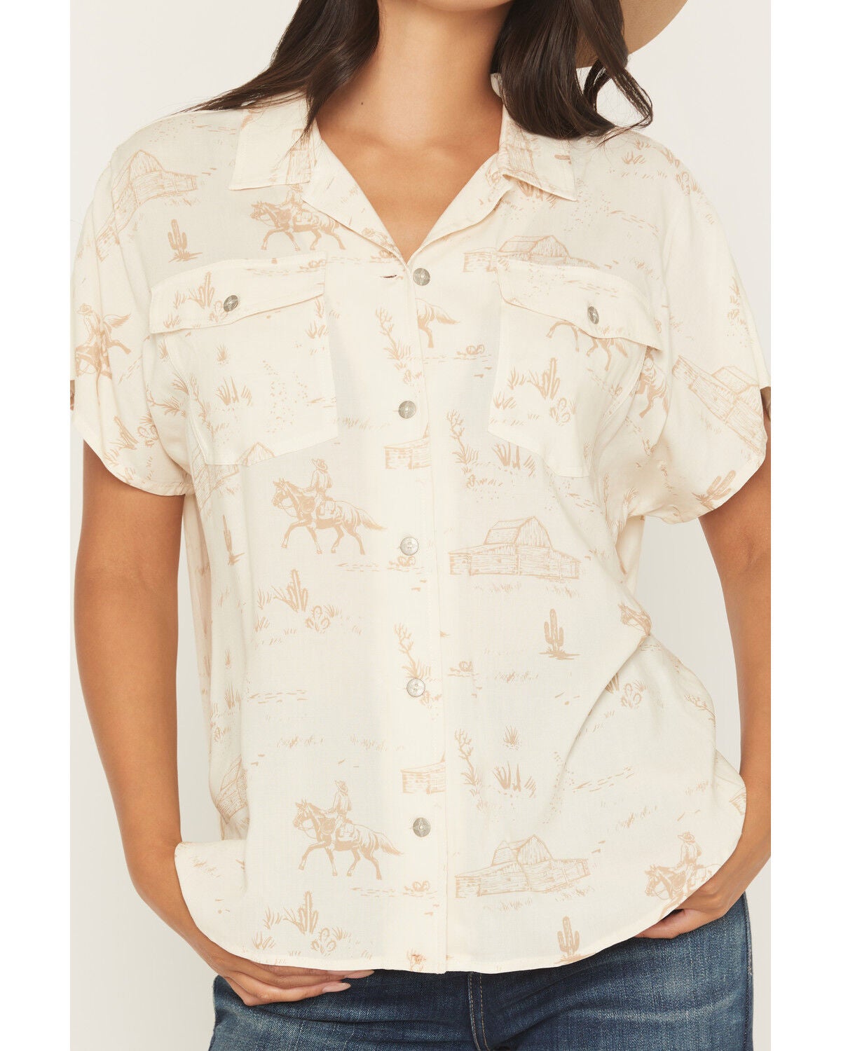 Image #3 - Ariat Women's Badlands Conversational Print Button-Down Short Sleeve Western Shirt, Cream, hi-res
