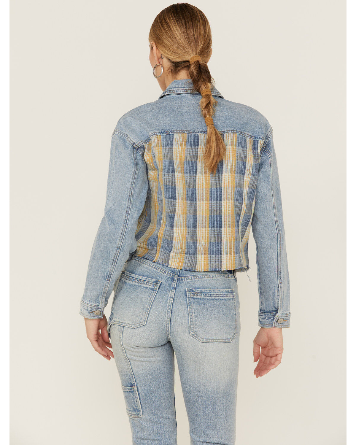 Image #3 - Cleo + Wolf Women's Oversized Plaid Mix Denim Cropped Jacket, Light Medium Wash, hi-res