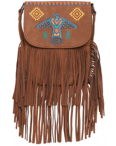 Montana West Women's Wrangler Embroidered Southwestern Thunderbird Fringe Crossbody, Brown, hi-res