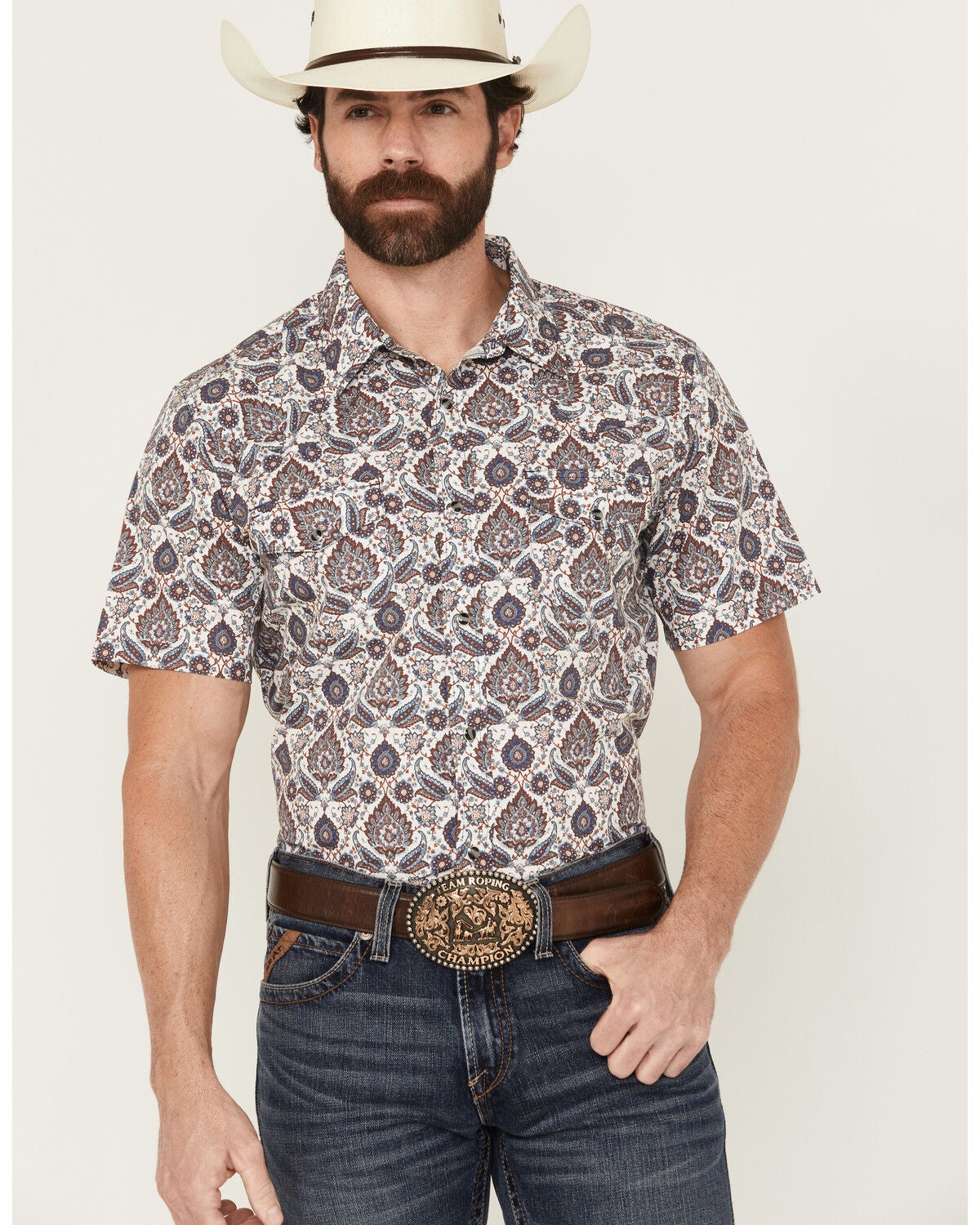Gibson Trading Co Men's Grand Finale Floral Paisley Print Short Sleeve Snap Western Shirt, White, hi-res