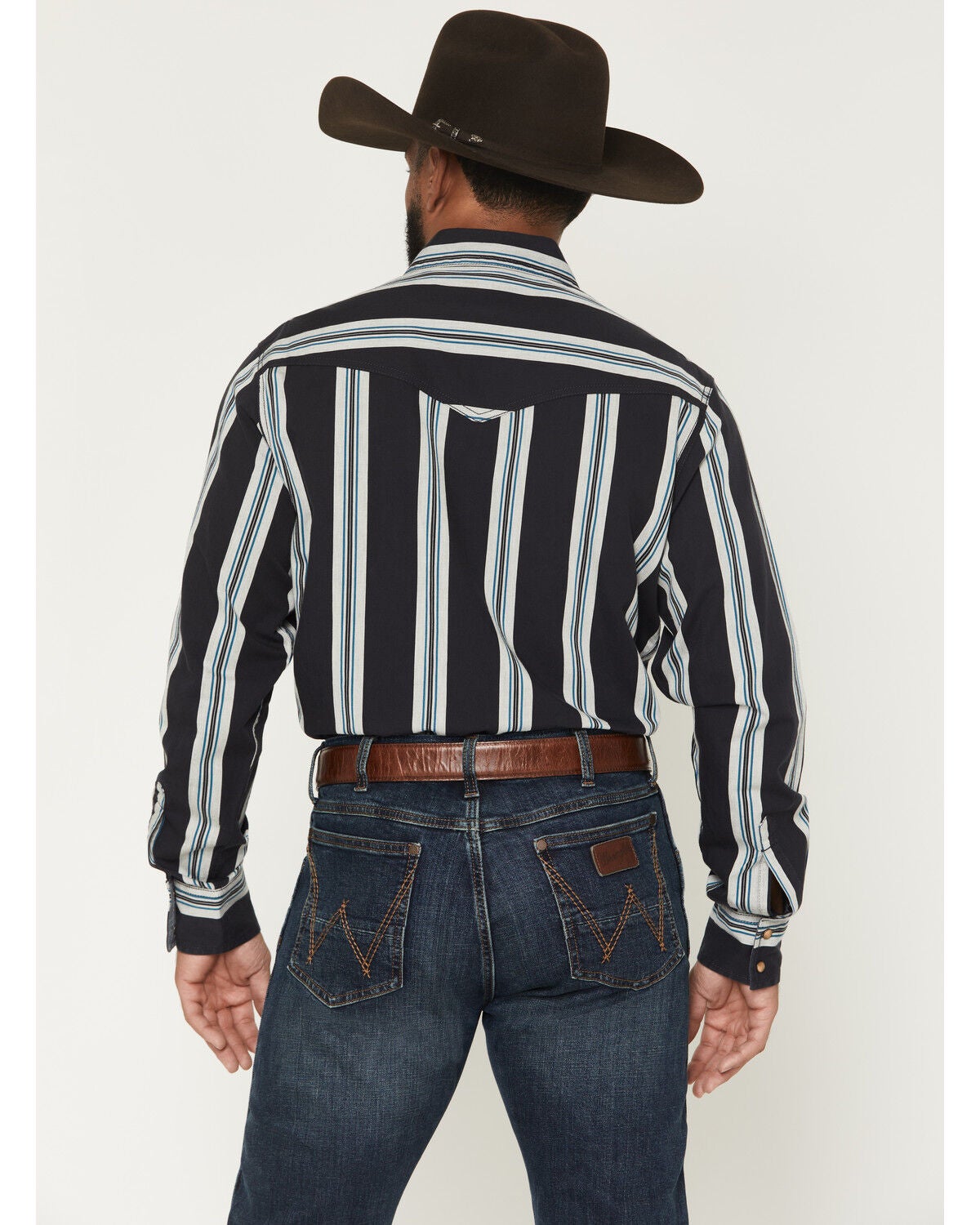 Image #4 - Wrangler Men's Boot Barn Exclusive Retro Stripe Print Long Sleeve Snap Western Shirt, Navy, hi-res