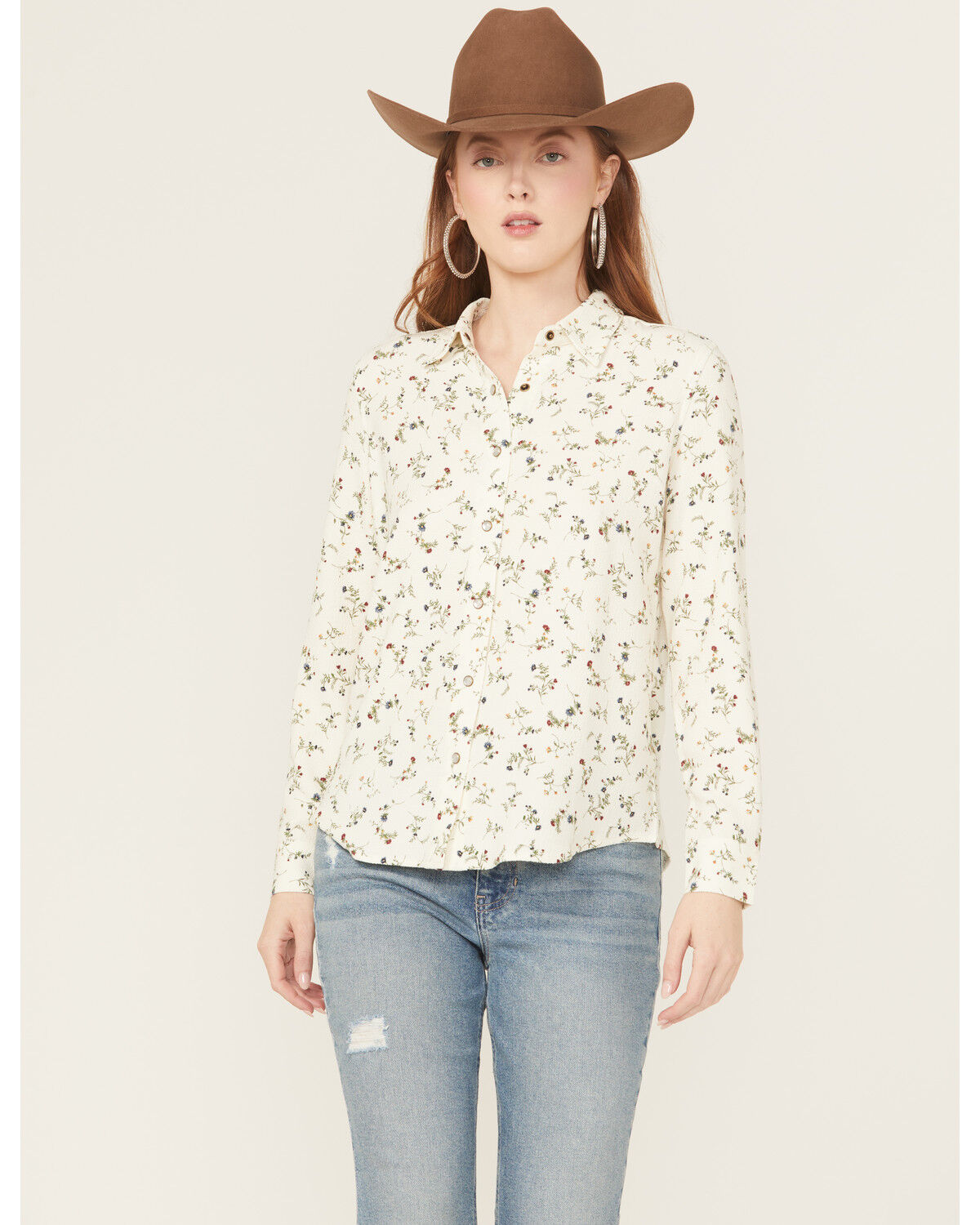 Image #1 - Idyllwind Women's Snowden Floral Print Long Sleeve Featherlight Western Shirt, Cream, hi-res