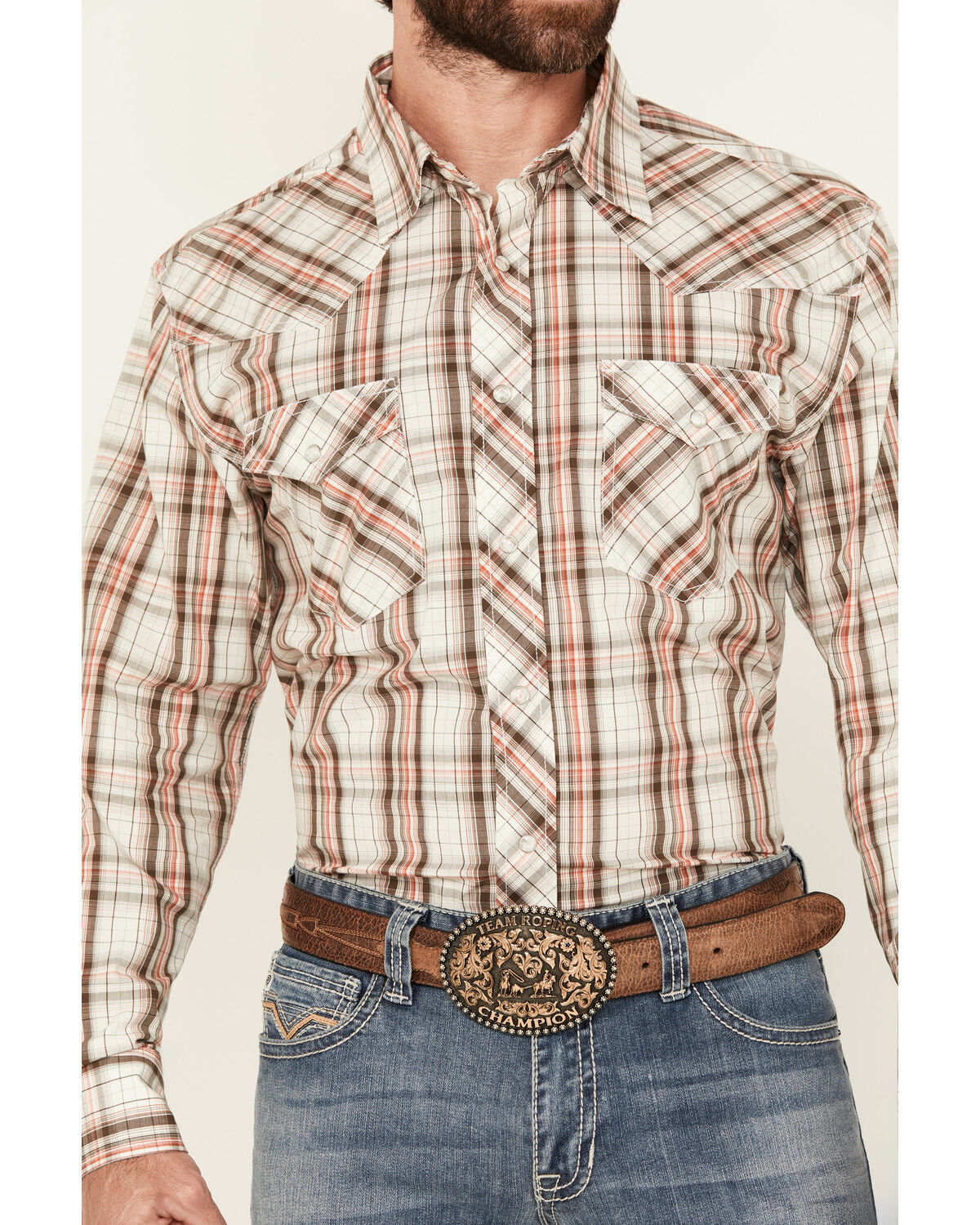 Image #3 - Wrangler 20X Men's Plaid Print Long Sleeve Snap Stretch Western Shirt, Brown, hi-res
