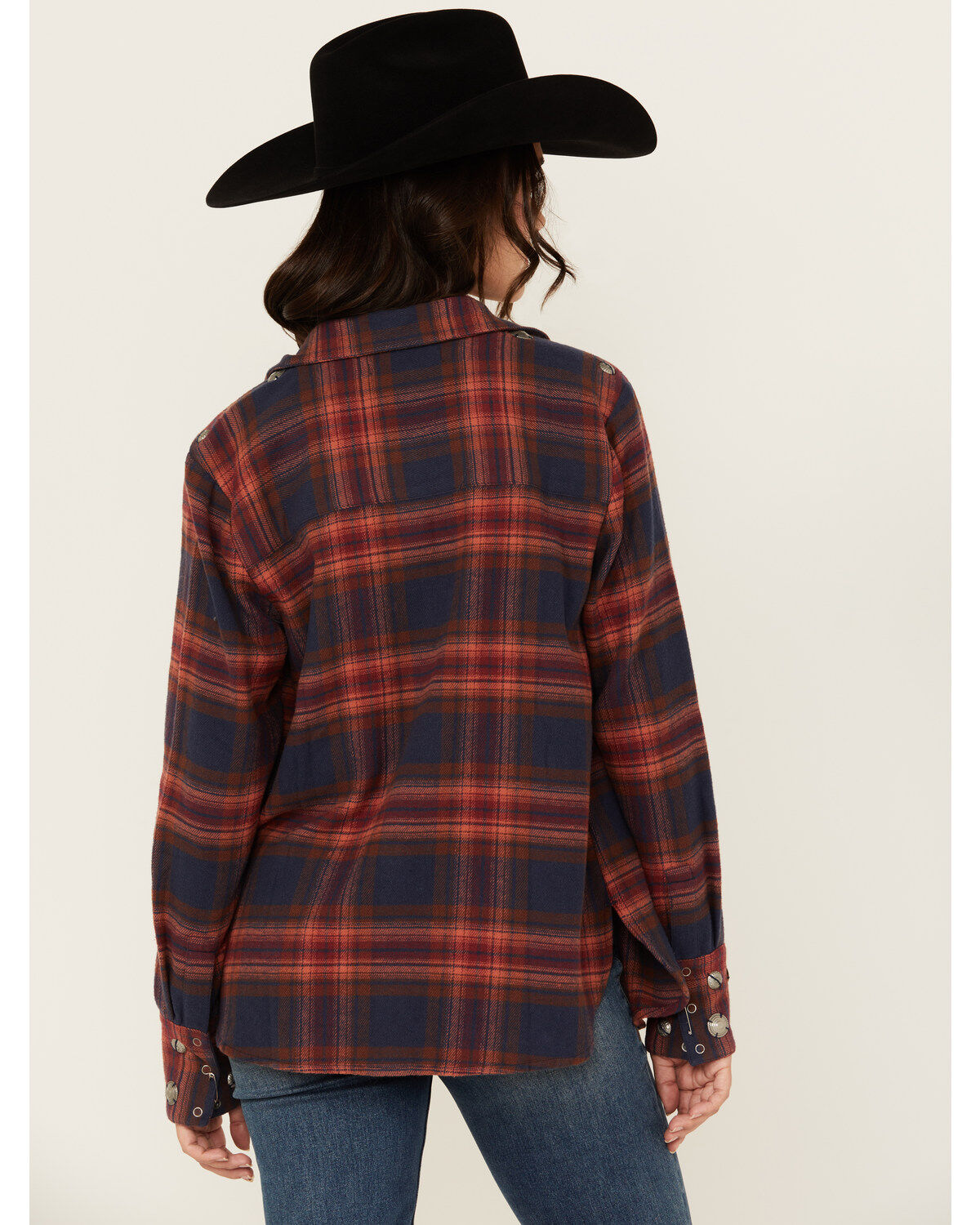 Image #4 - Shyanne Women's Embellished Plaid Print Long Sleeve Snap Western Shirt, Navy, hi-res