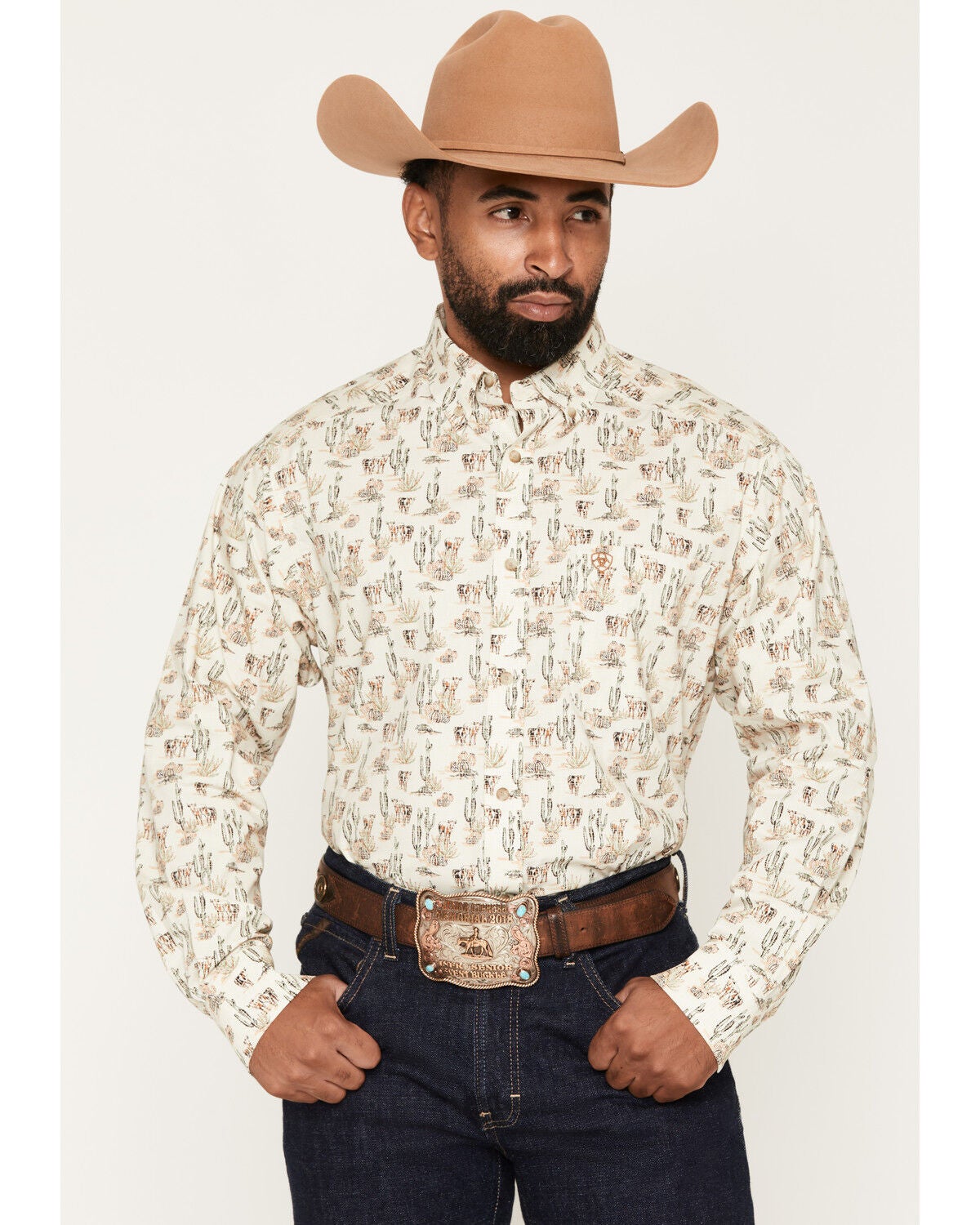 Ariat Men's Luthor Scenic Print Long Sleeve Button-Down Western Shirt, Cream, hi-res