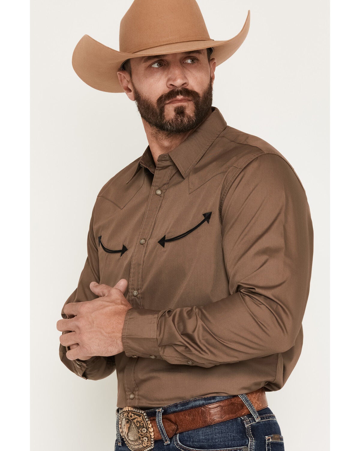 Image #2 - Gibson Trading Co Men's All Smiles Solid Long Sleeve Snap Western Shirt, Brown, hi-res
