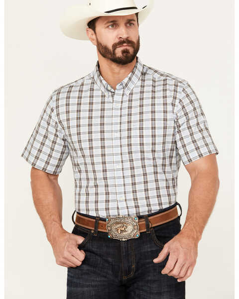 Cody James Men's Bryce Plaid Print Short Sleeve Button-Down Stretch Western Shirt - Tall, Light Blue, hi-res