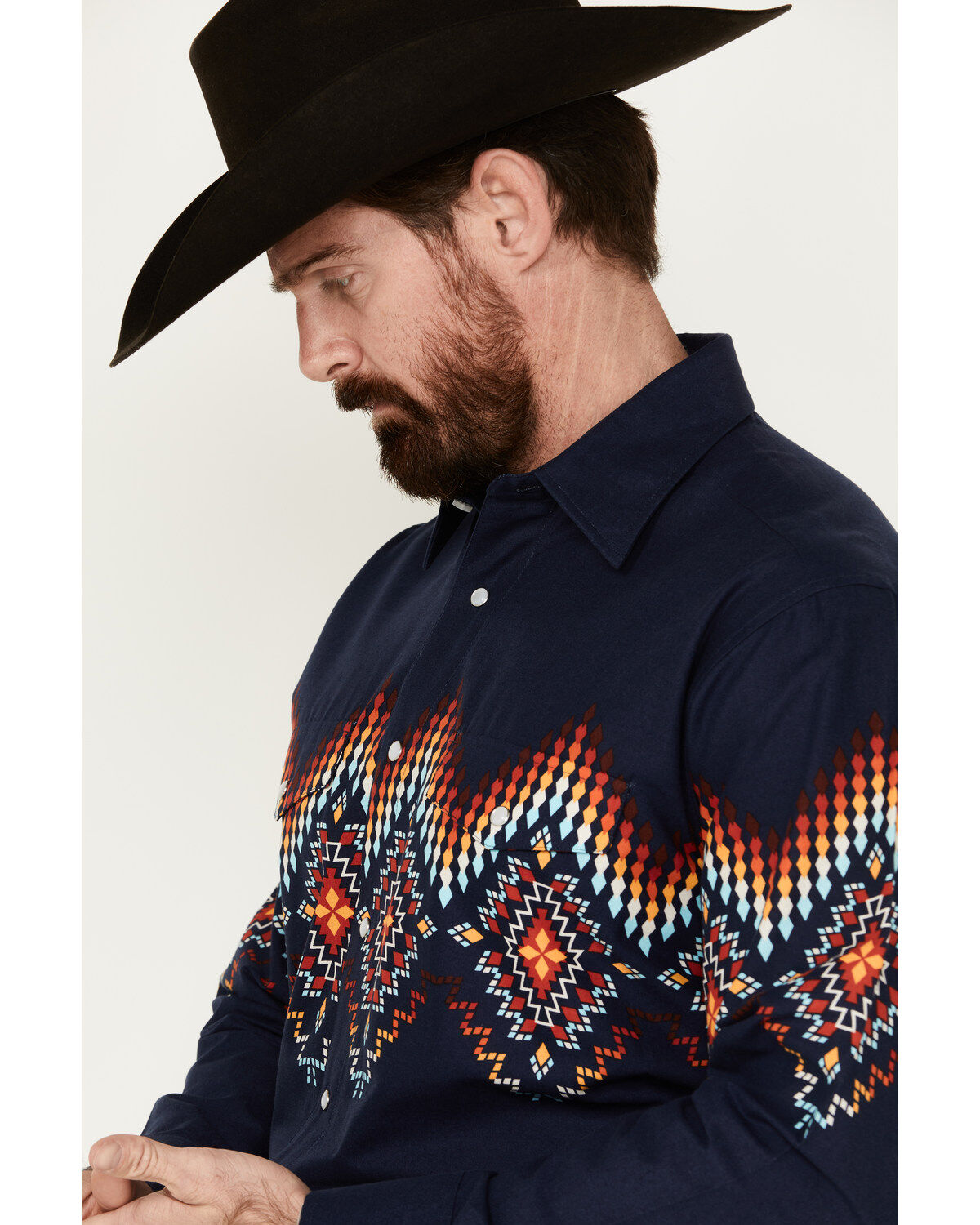 Image #2 - Panhandle Men's Southwestern Border Print Long Sleeve Pearl Snap Western Shirt, Navy, hi-res