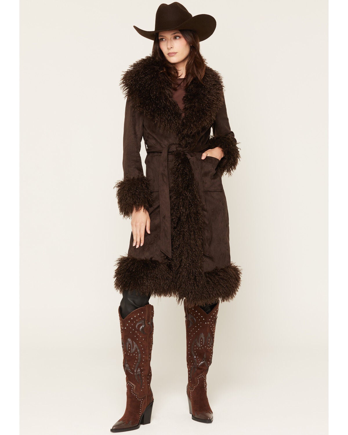 Azalea Wang Women's Gilda Long Faux Fur Trench Coat, Chocolate, hi-res