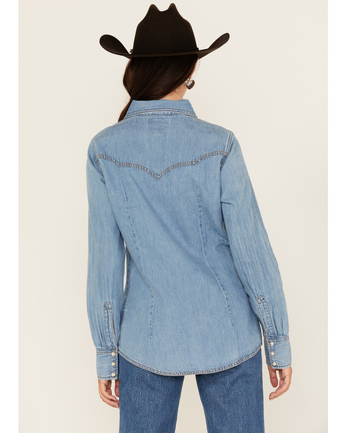 Image #5 - Wrangler x Lainey Wilson Women's Medium Wash Long Sleeve Snap Denim Western Shirt, , hi-res