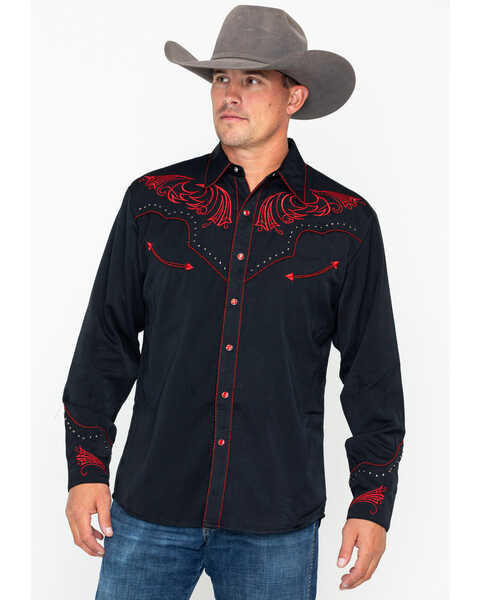 Image #5 - Scully Men's Red Embroidered Long Sleeve Western Shirt , , hi-res