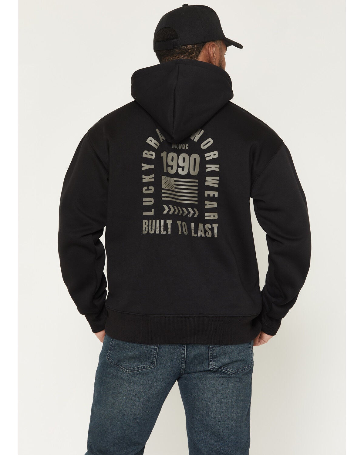 Lucky Brand Workwear Men's Flag Tracks Pullover Hooded Sweatshirt, Black, hi-res