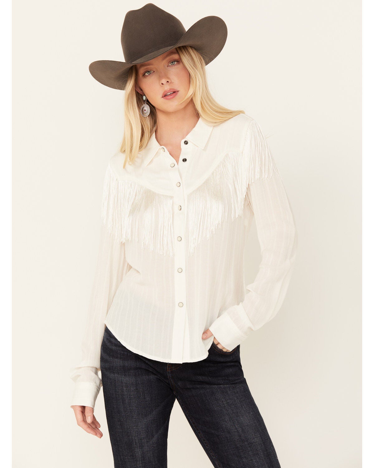 Idyllwind Women's Etta Fringe Western Yoke Long Sleeve Snap Shirt , White, hi-res
