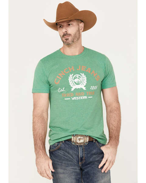 Cinch Men's Jeans Tried And True Short Sleeve Graphic T-Shirt, Heather Green, hi-res