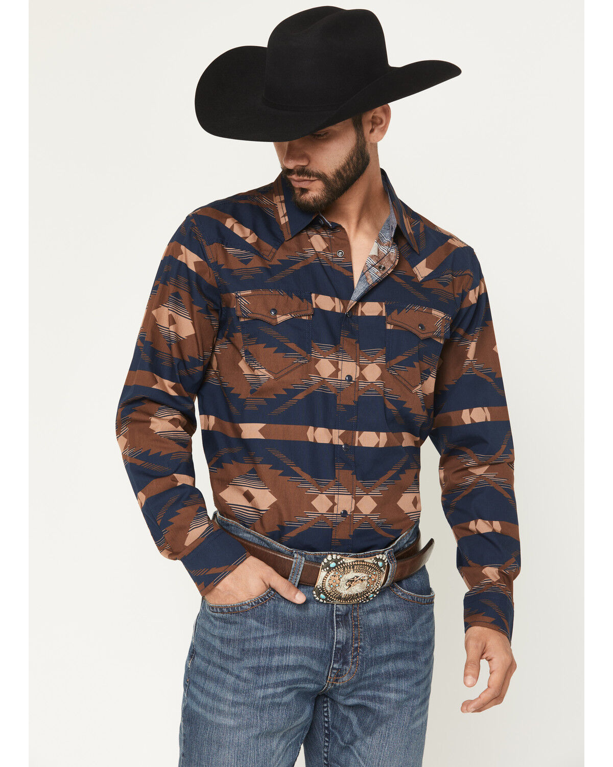 Image #1 - Cody James Men's Red River Range Southwestern Print Long Sleeve Snap Western Shirt, Burgundy, hi-res