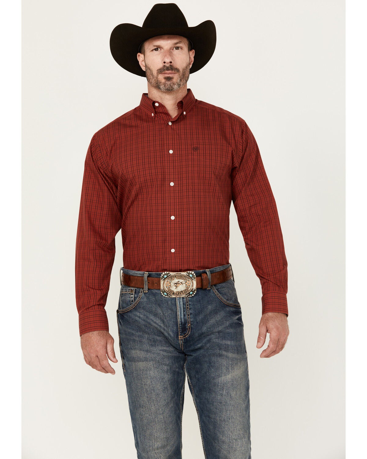Ariat Men's Ian Plaid Print Long Sleeve Button-Down Western Shirt, Red, hi-res