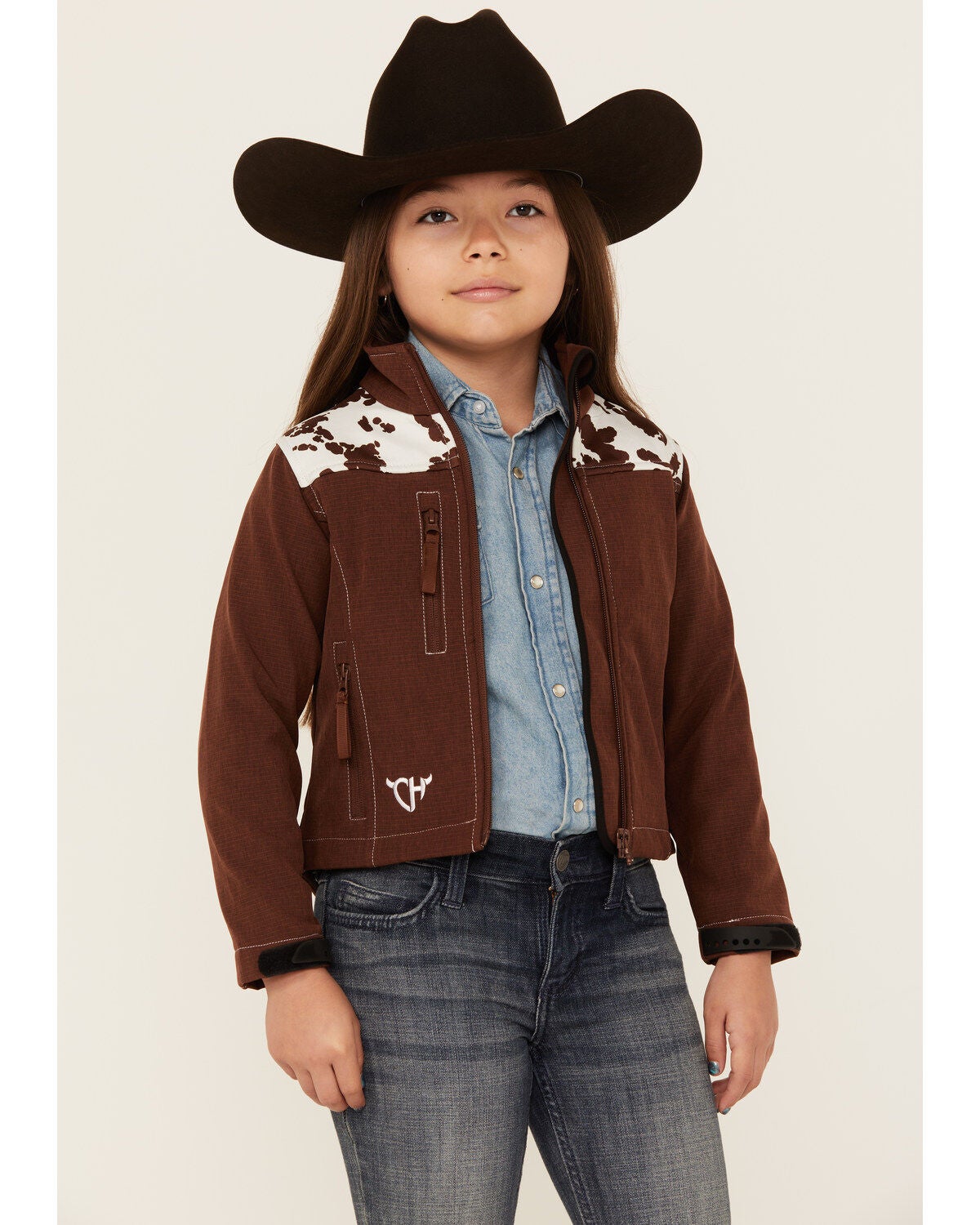 Image #1 - Cowgirl Hardware Girls' Cow Print Yoke Poly Shell Jacket, , hi-res