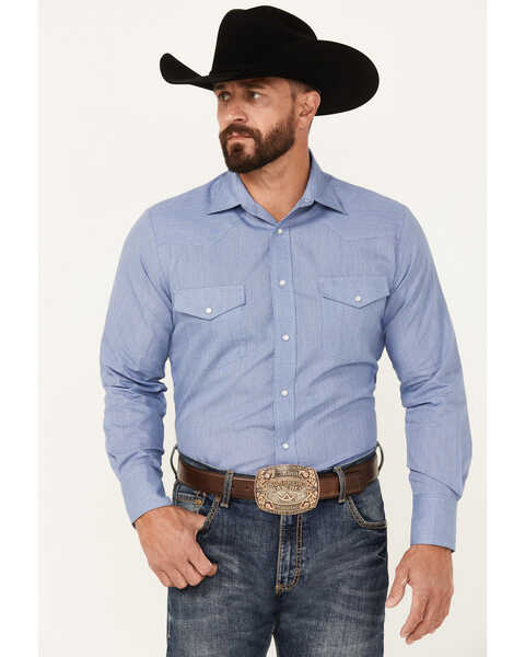 Roper Men's Printed Long Sleeve Pearl Snap Western Shirt, Blue, hi-res