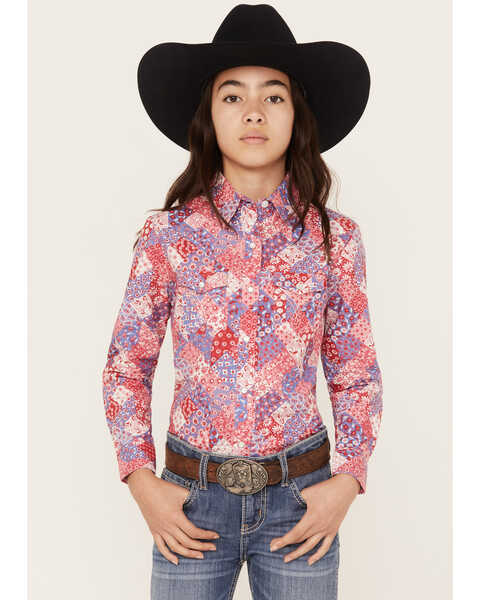 Panhandle Girls' Patchwork Print Long Sleeve Snap Western Shirt, Pink, hi-res
