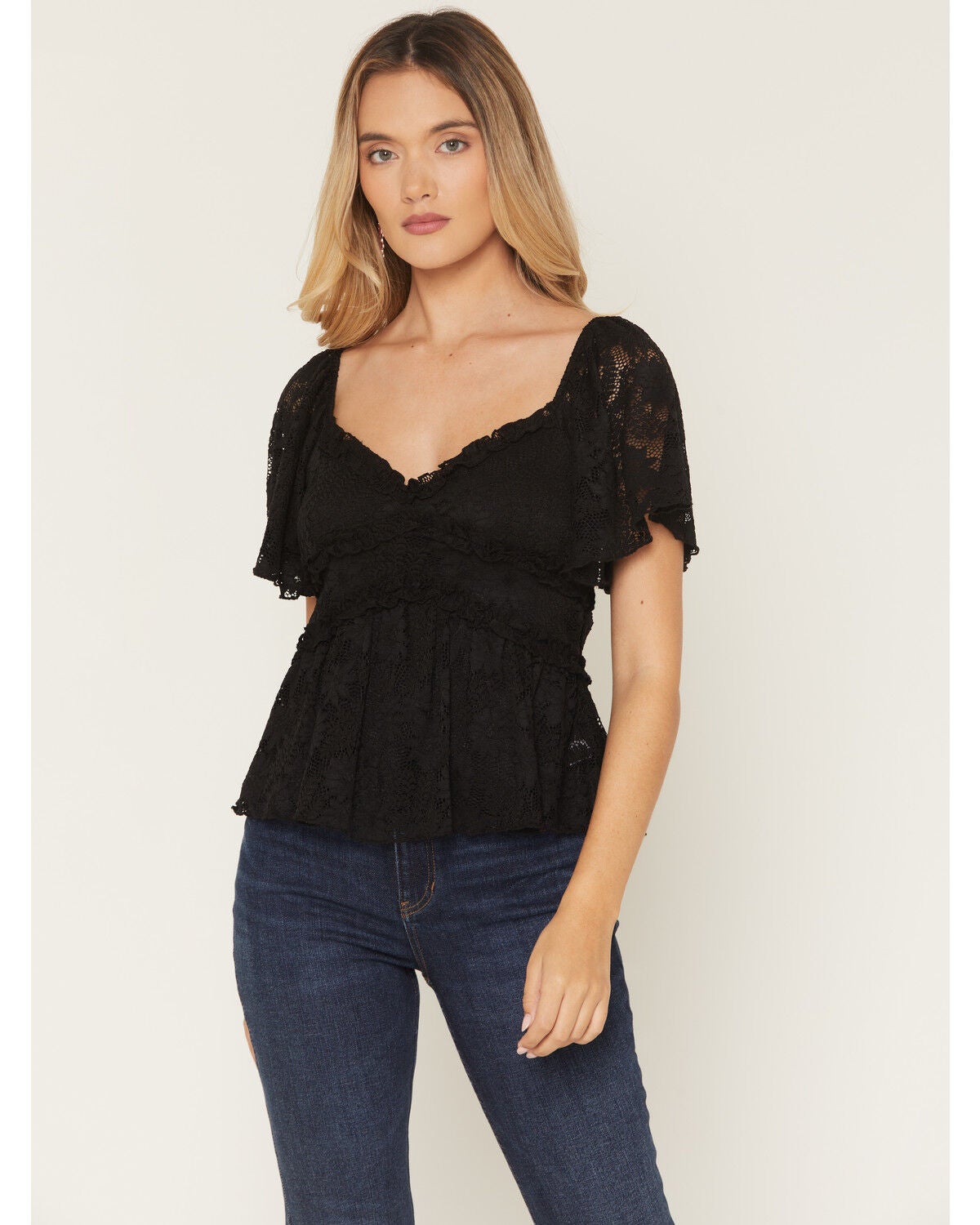 Originality Women's Flutter Sleeve Ruffle Peplum Top, Black, hi-res