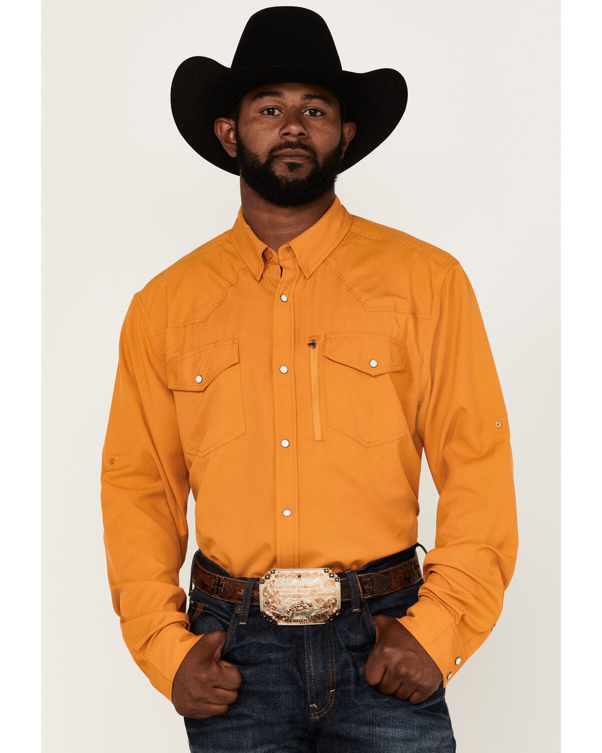 RANK 45&reg; Men's Solid Roughie Tech Long Sleeve Snap Western Shirt, Gold, hi-res