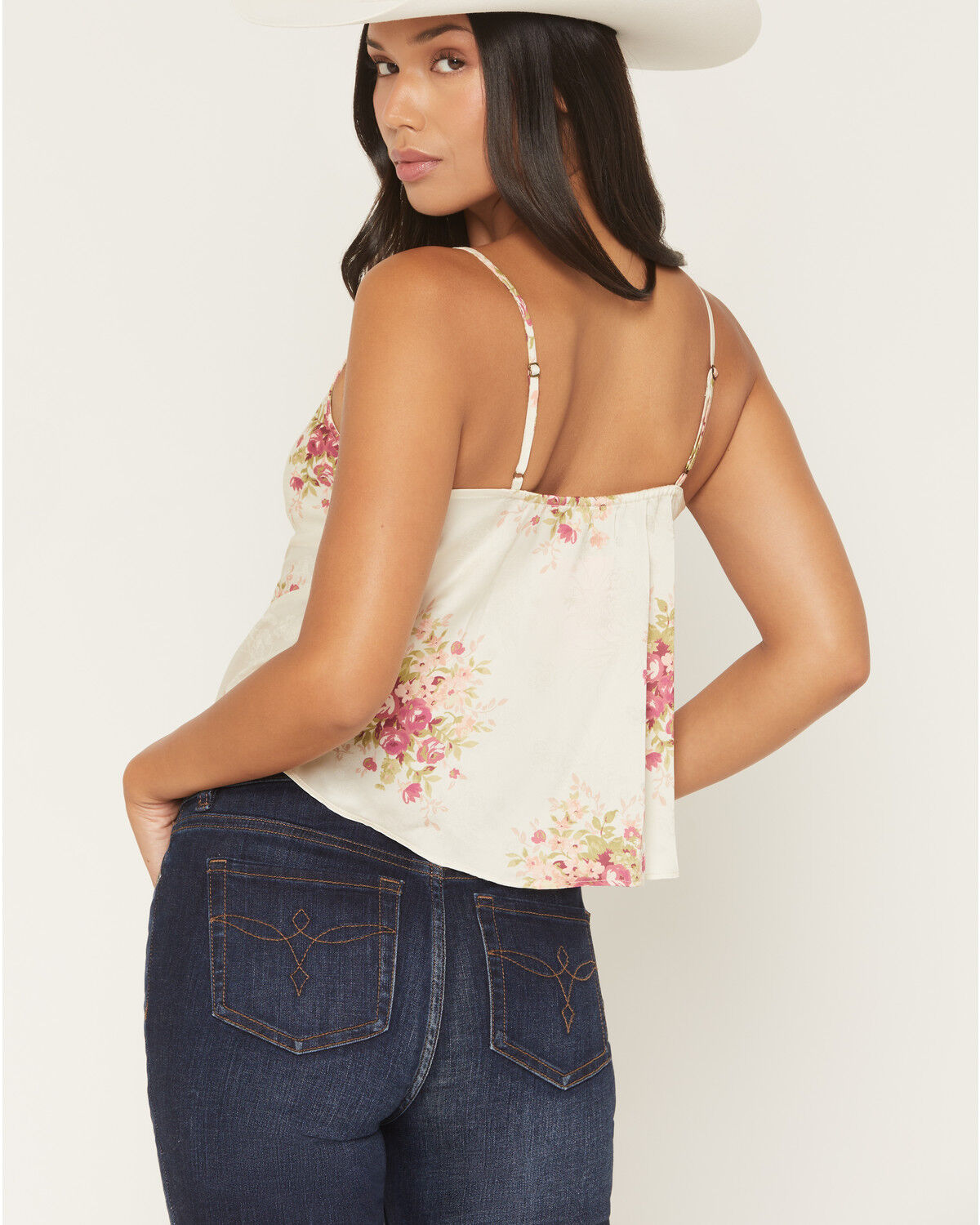 Image #4 - Shyanne Women's Floral Print Sleeveless Satin Tank Top, Cream, hi-res