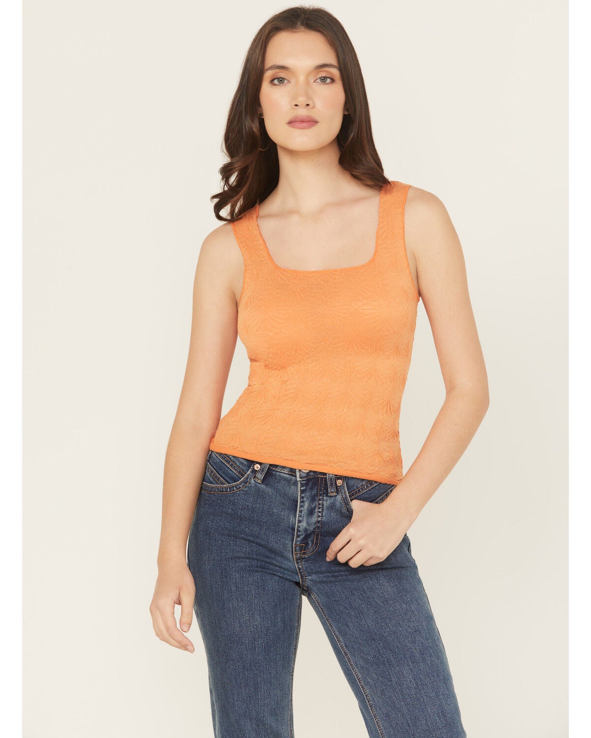 Rock & Roll Denim Women's Floral Jacquard Tank Top, Orange, hi-res