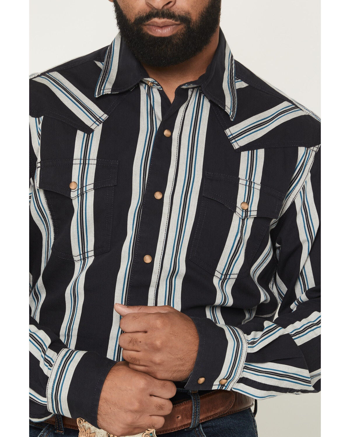 Image #3 - Wrangler Men's Boot Barn Exclusive Retro Stripe Print Long Sleeve Snap Western Shirt, Navy, hi-res