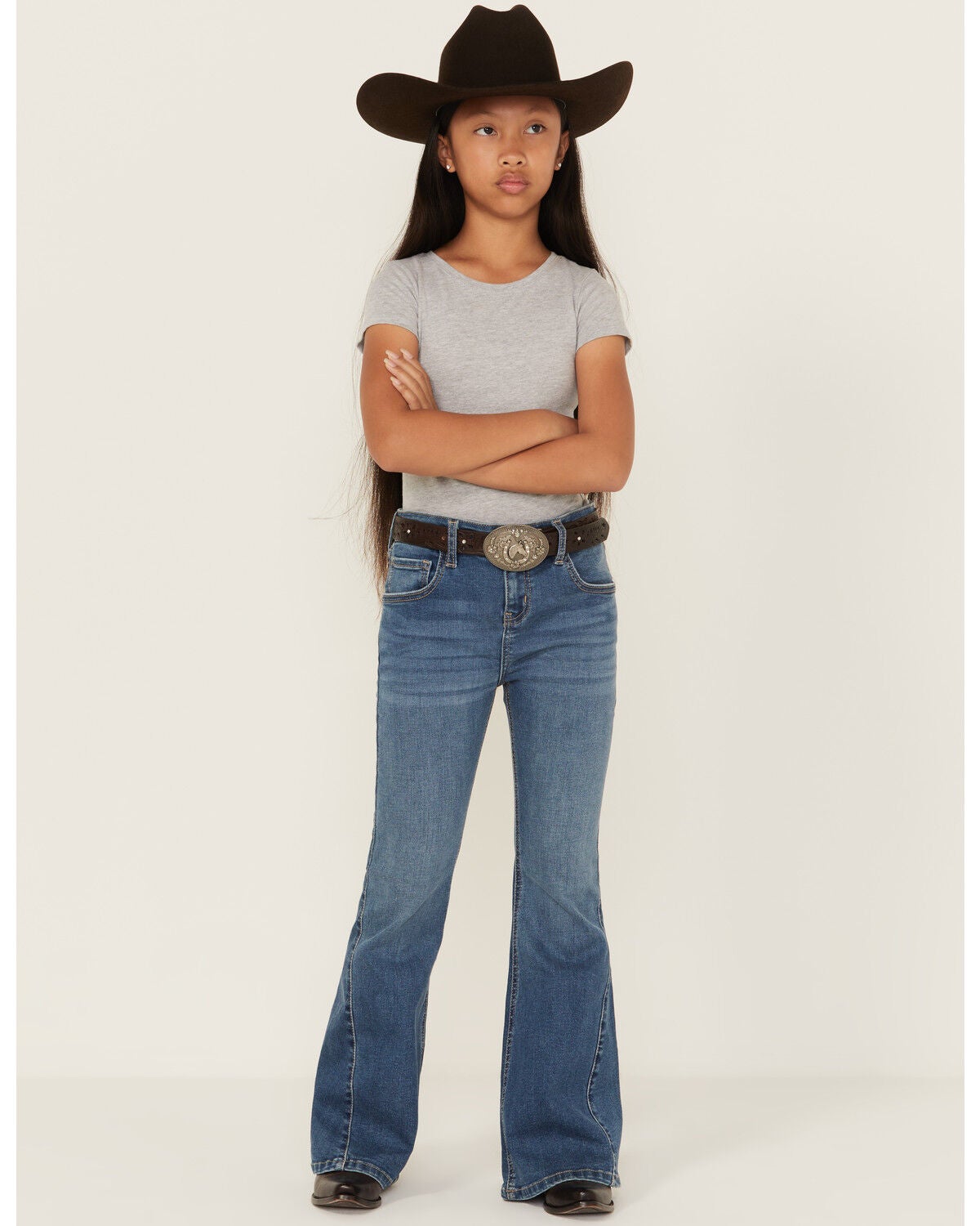 Shyanne Girls' Cimarron Twisted Side Seam Flare Stretch Denim Jeans, Medium Wash, hi-res