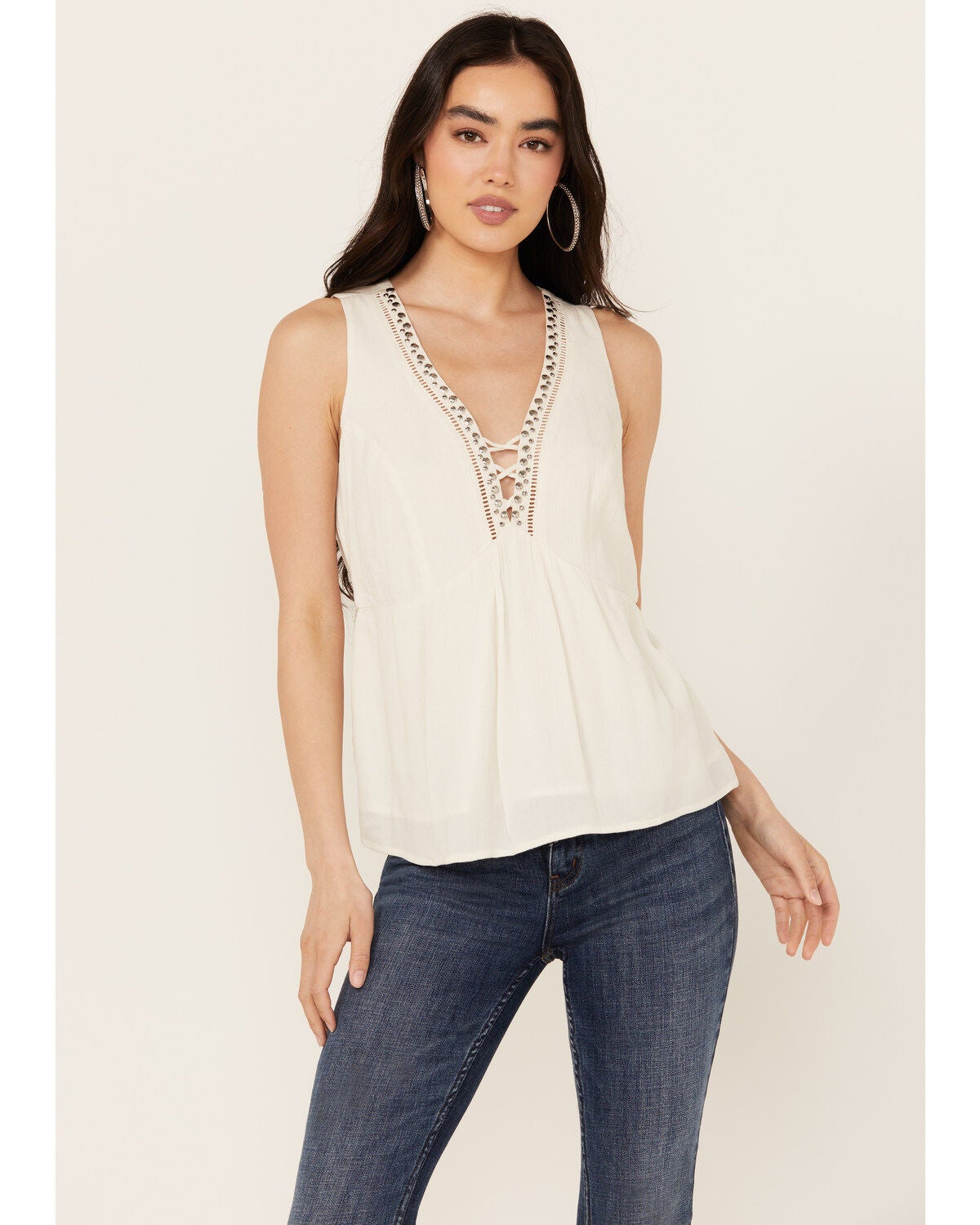 Idyllwind Women's Spruce Criss Cross Front Embellished Tank, Ivory, hi-res