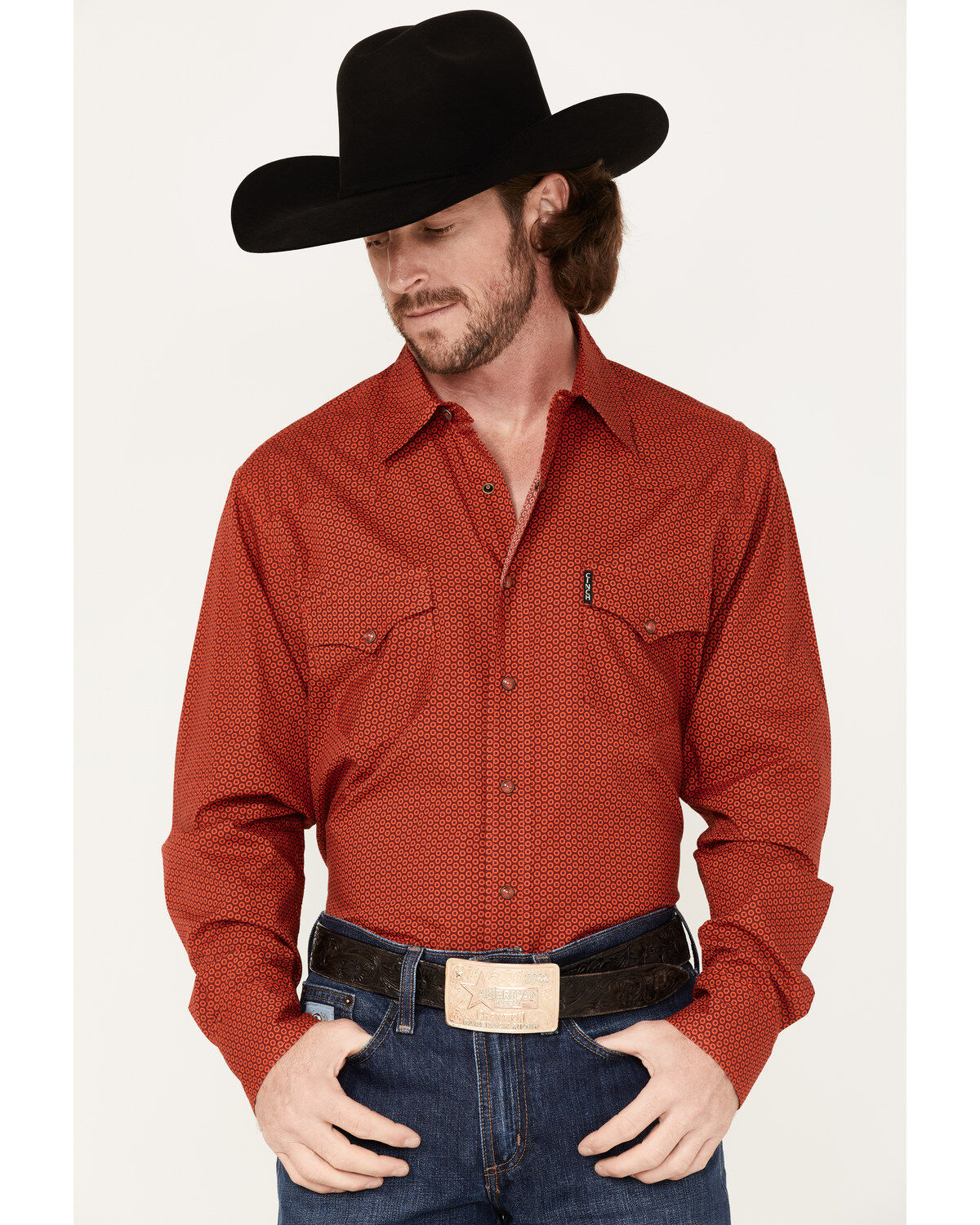 Image #1 - Cinch Men's Modern Fit Small Geo Print Snap Western Shirt, Red, hi-res