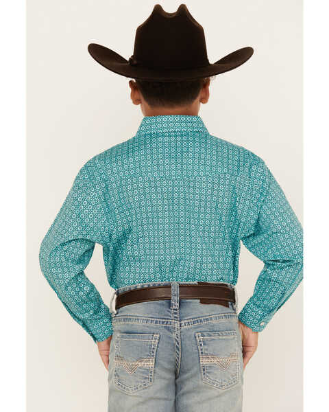 Rough Stock by Panhandle Boys' Foulard Geo Print Long Sleeve Western Snap Shirt, Turquoise, hi-res