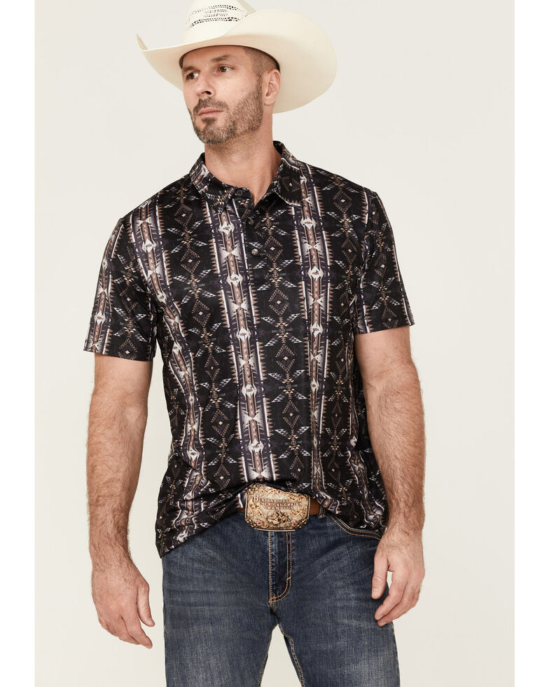 Panhandle Men's Performance Southwestern Print Short Sleeve Polo Shirt , Black, hi-res
