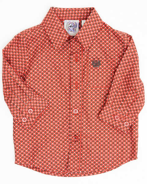 Image #1 - Cinch Infant Boys' Geo Print Long Sleeve Button Down Shirt, Red, hi-res