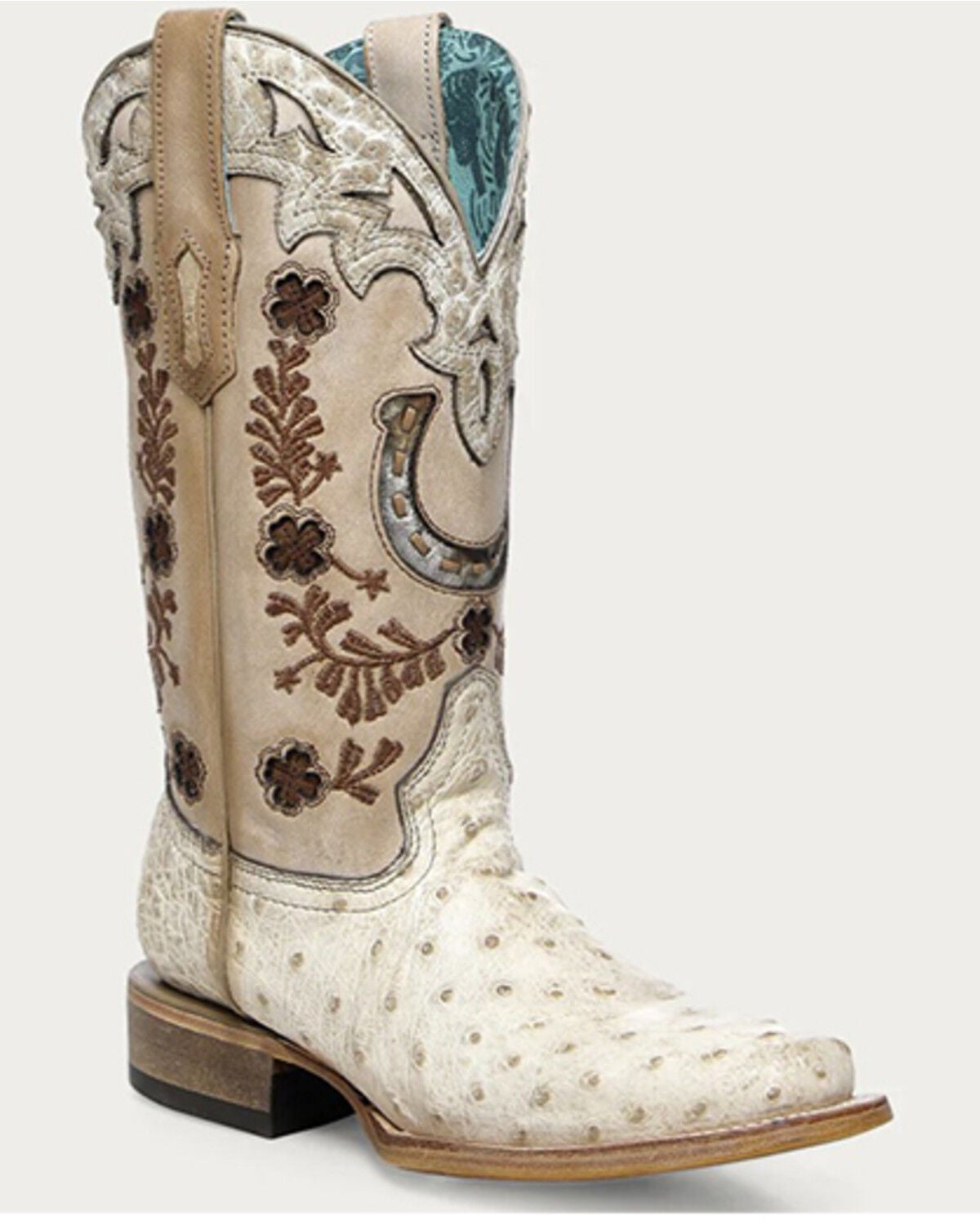 Corral Women's Horseshoe Overlay Exotic Ostrich Western Boots - Square Toe, Ivory, hi-res