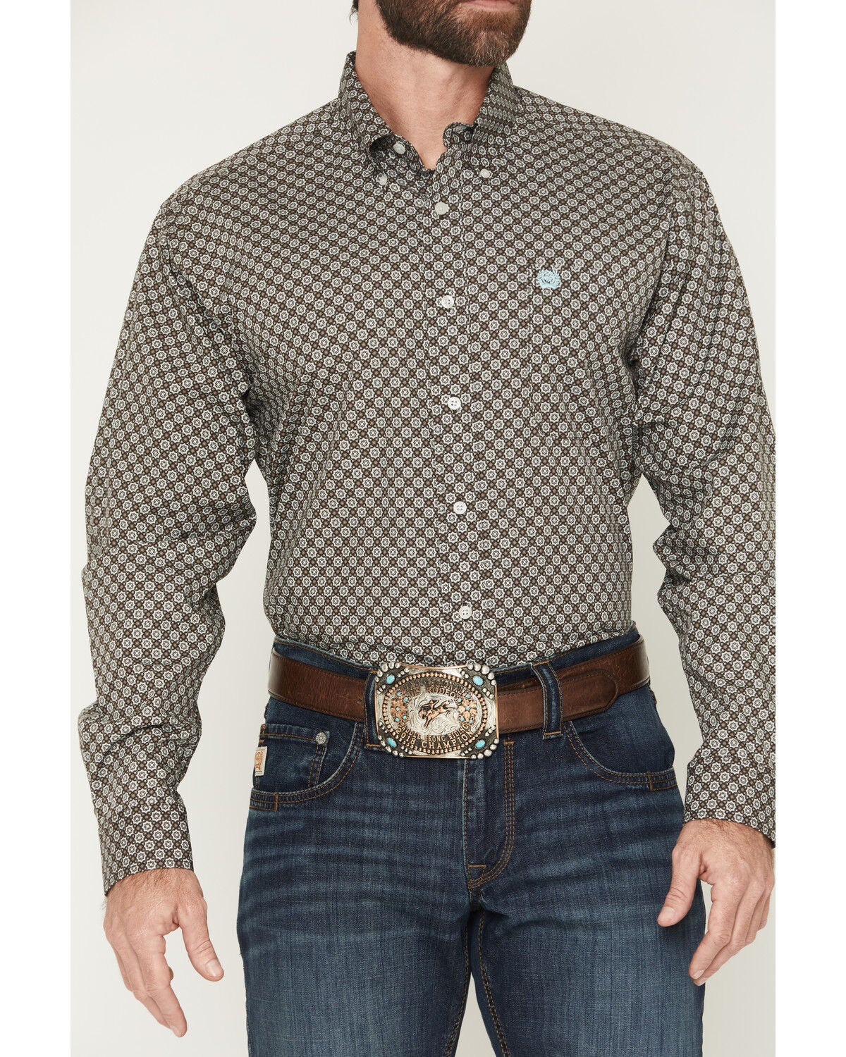 Image #3 - Cinch Men's Geo Print Long Sleeve Button-Down Western Shirt, Brown, hi-res