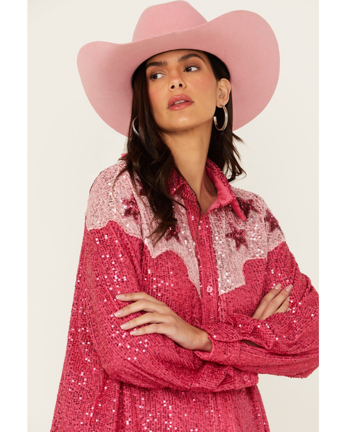 Image #2 - Mainstrip Women's Star Sequins Long Sleeve Button-Down Western Top, Pink, hi-res