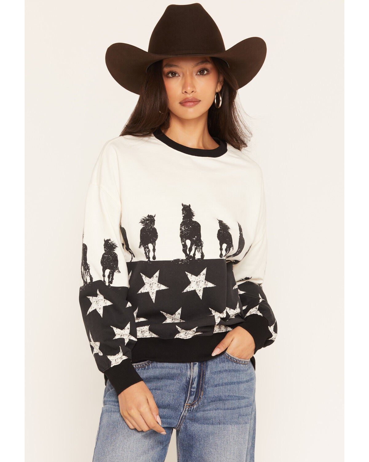 Image #1 - Rock & Roll Denim Women's Horse and Stars Crew Neck Sweatshirt, Ivory, hi-res