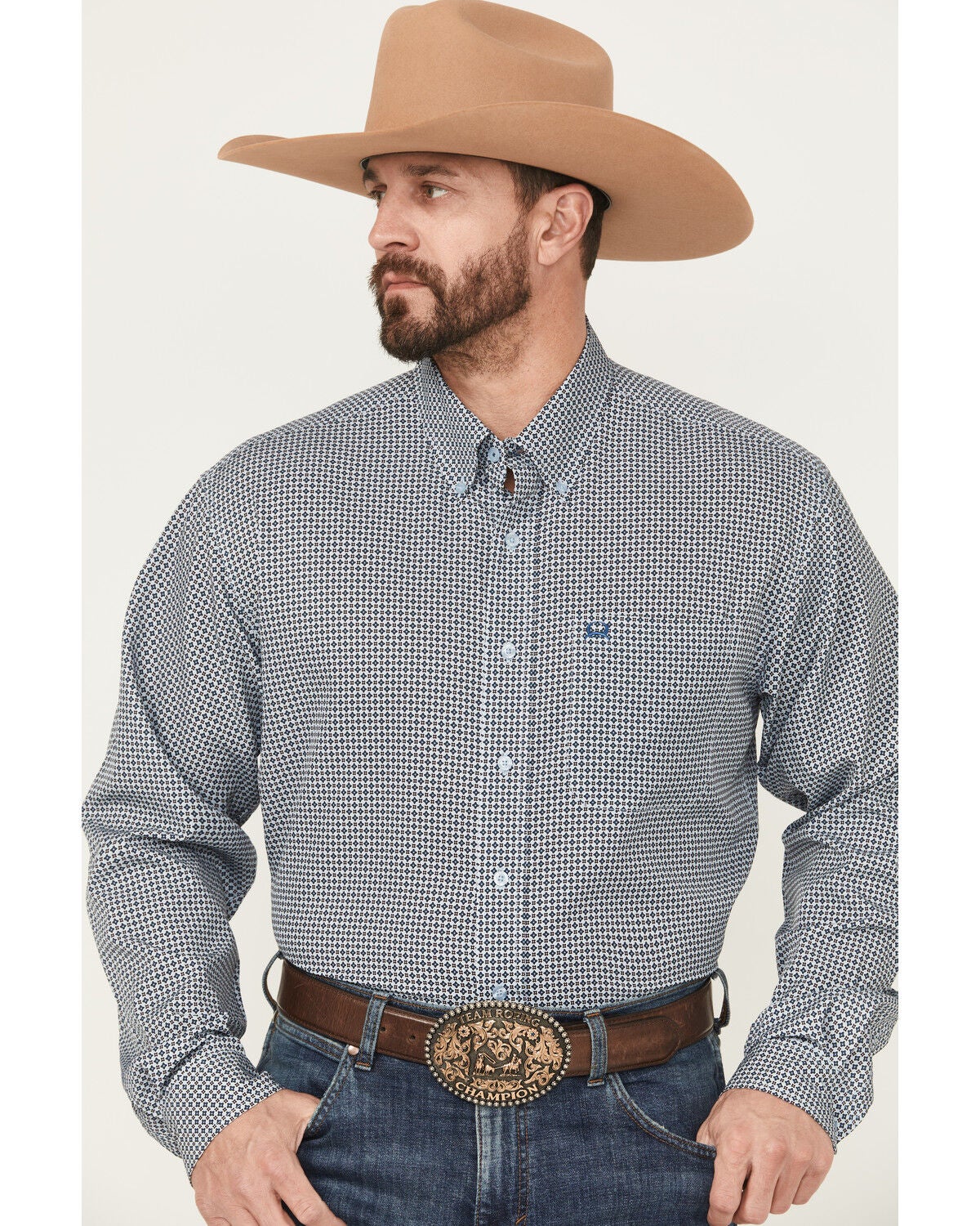Cinch Men's Geo Print Arenaflex Long Sleeve Button-Down Performance Stretch Western Shirt, Light Blue, hi-res