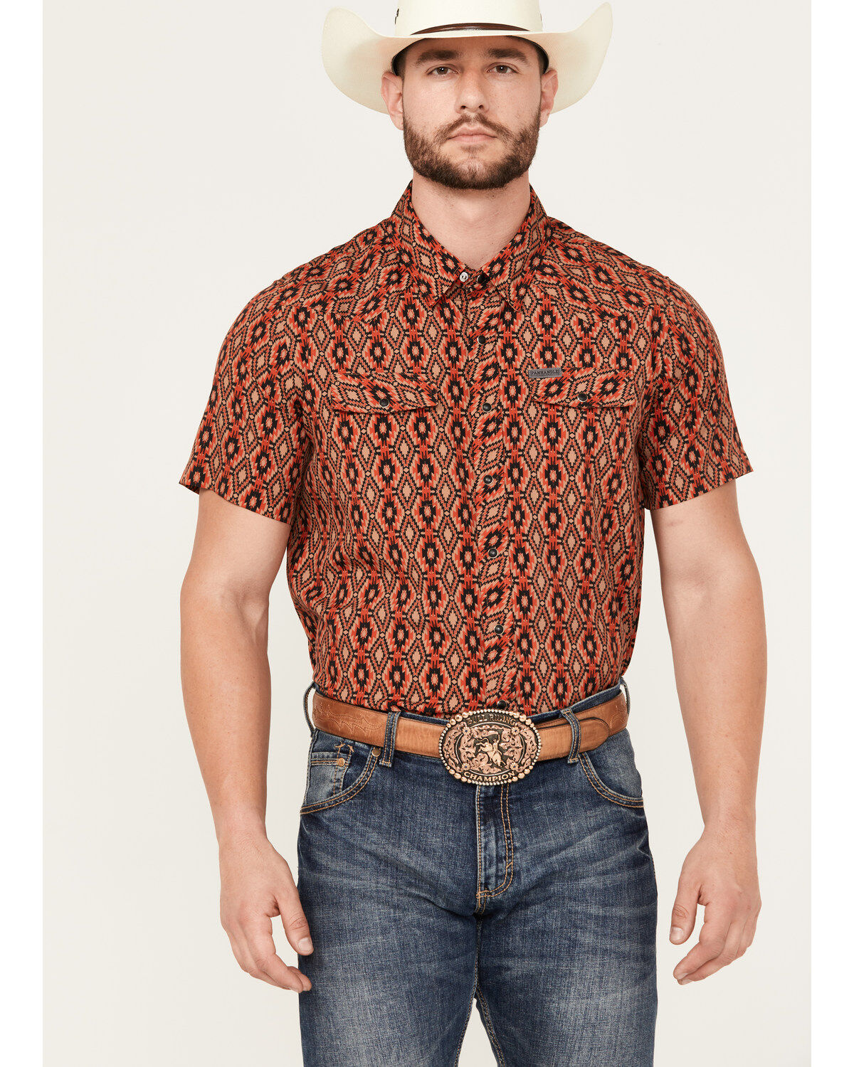 Image #1 - Panhandle Men's Southwestern Print Short Sleeve Performance Snap Western Shirt, , hi-res