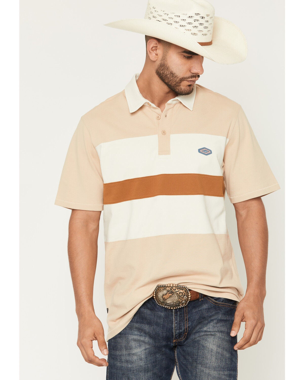 Kimes Ranch Men's Stripe Block Short Sleeve Polo Shirt, Tan, hi-res