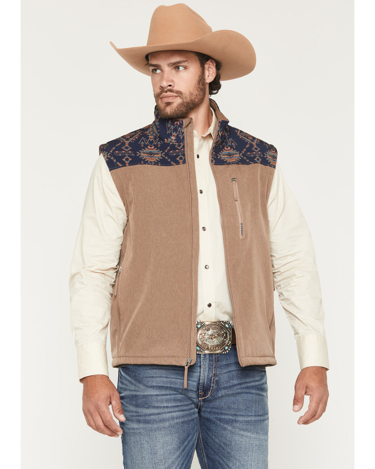 Image #1 - Hooey Men's Jackson Hole Southwestern Colorblock Softshell Vest, Brown, hi-res